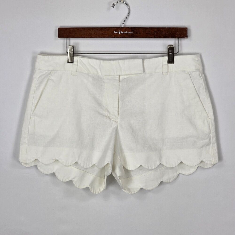 J Crew Scalloped Hem Short Size 12 White Linen Cotton Blend Preppy Summer Beach
